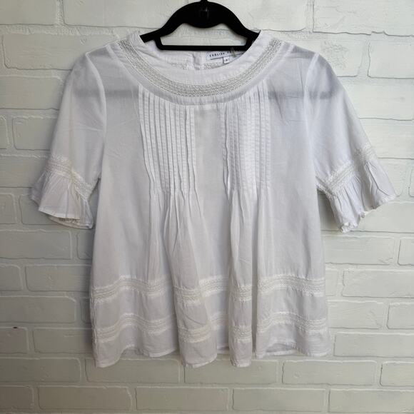 English Factory Boho White Cotton Pintuck Lace top Buttons Short sleeve sz S - Picture 3 of 7